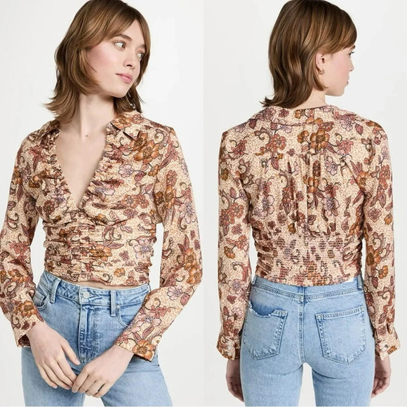 Free People Tops - Free People I Got You Printed Top Crop V-Neck Longsleeve in Orange Boho Size L